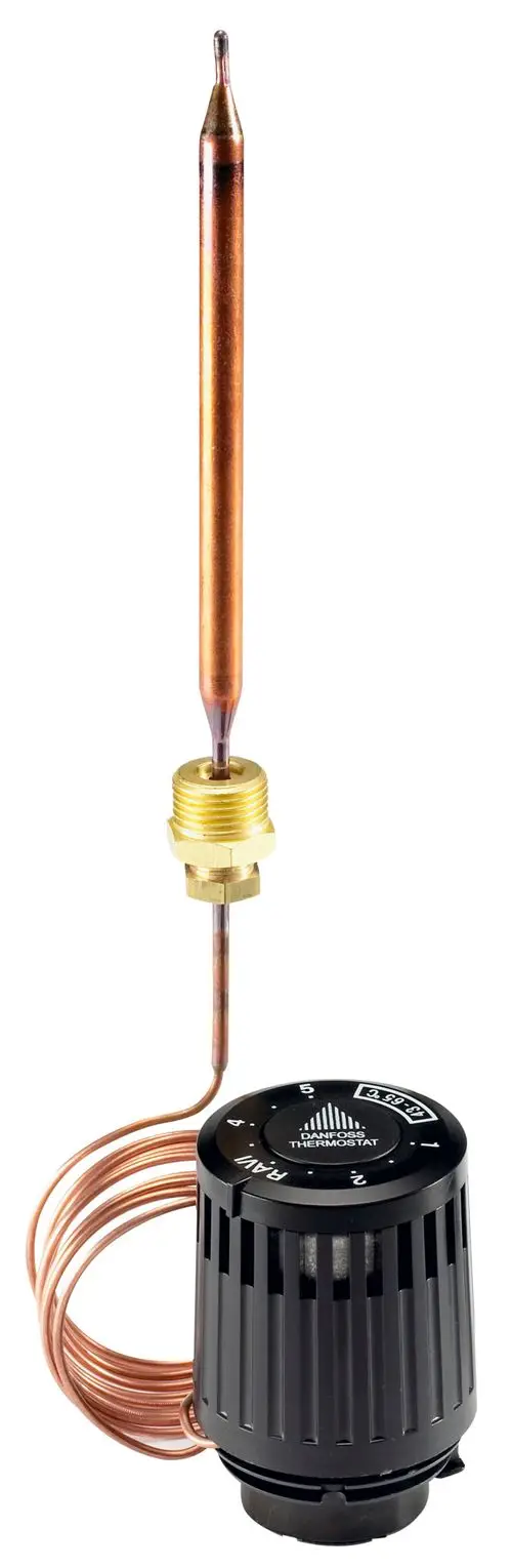 Thermostatisches Element mit Kapillare und Regelknopf. Kupferrohr für Fernfühler, geeignet für Danfoss-Systeme zur Temperaturregelung.